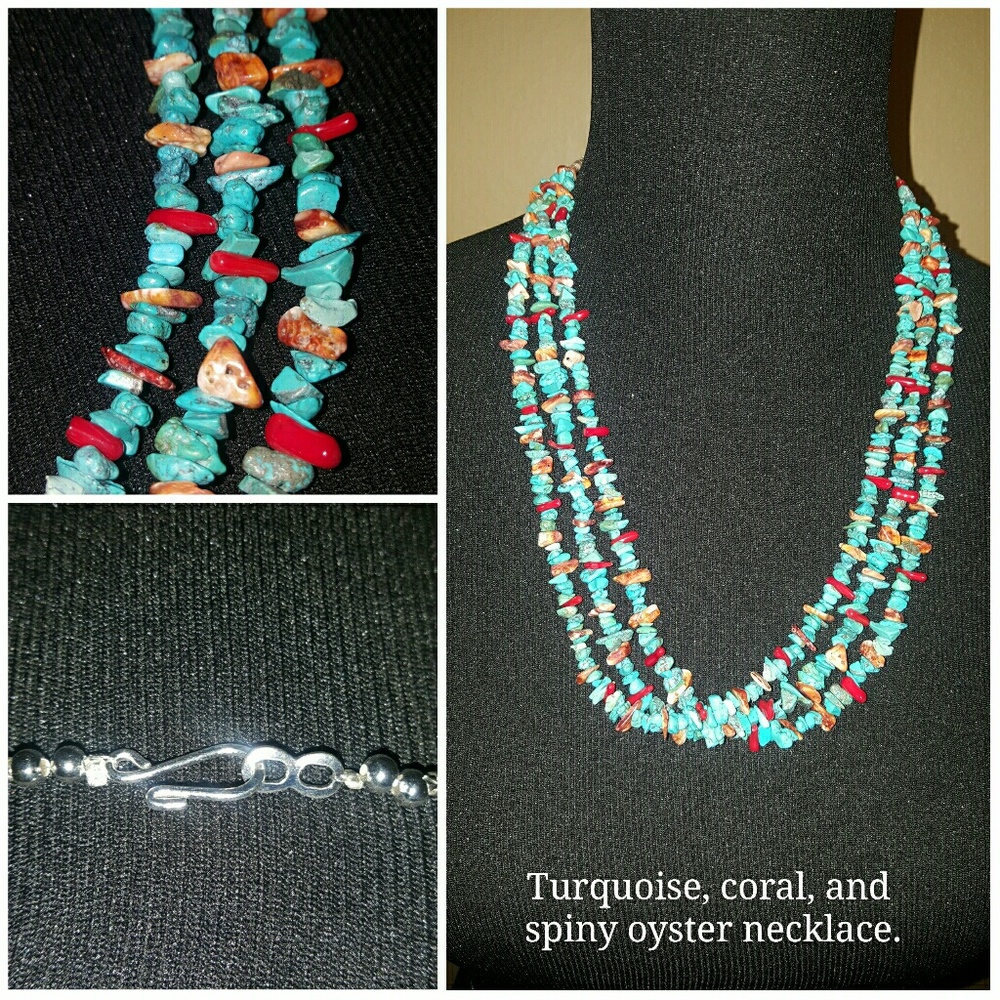 Turquoise, red coral, spiny oyster necklace